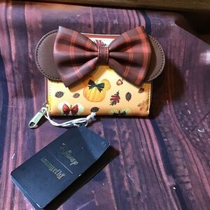 Disney Loungefly Minnie Mouse fall pumpkin mini zipper wallet -New